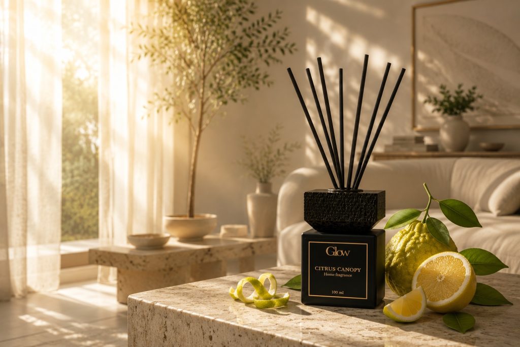 parfumurile citrice-difuzor de parfum Glow Cosmetcs Citrus Canopy într-un living luminos